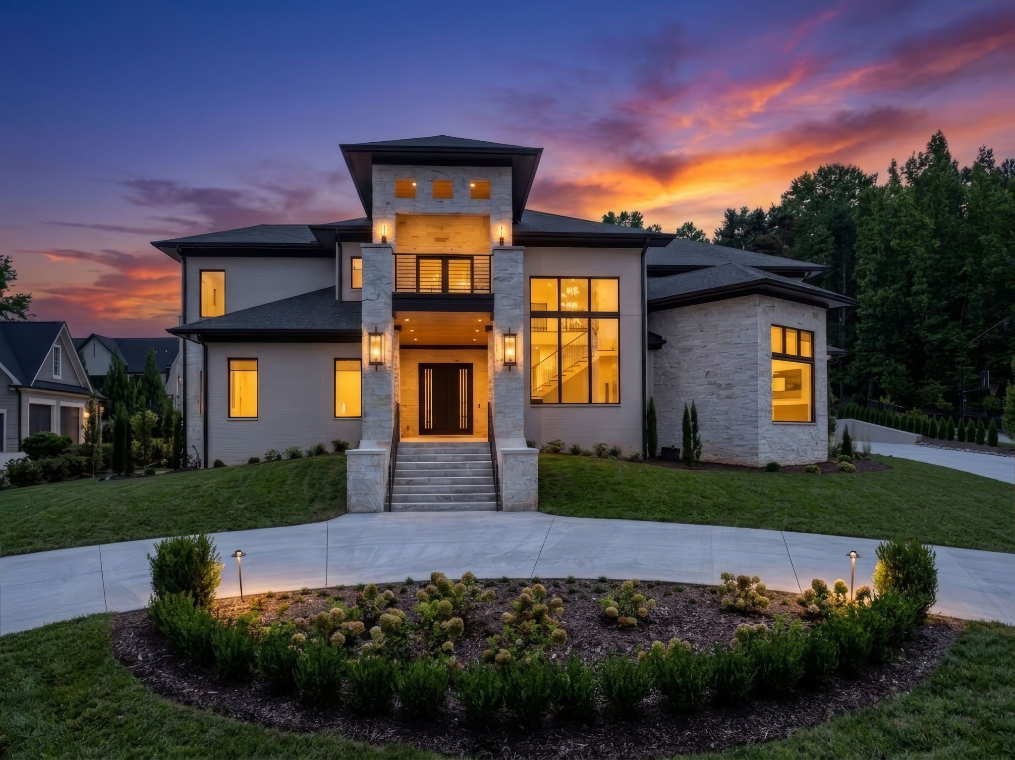 Front elevation of 205 Abbot Trail at twilight