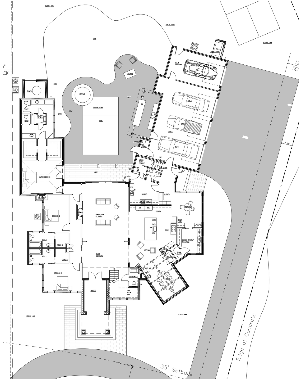 First floor plan showing primary suite, family room, kitchen, dining, two bedrooms, pool and four bay garage
