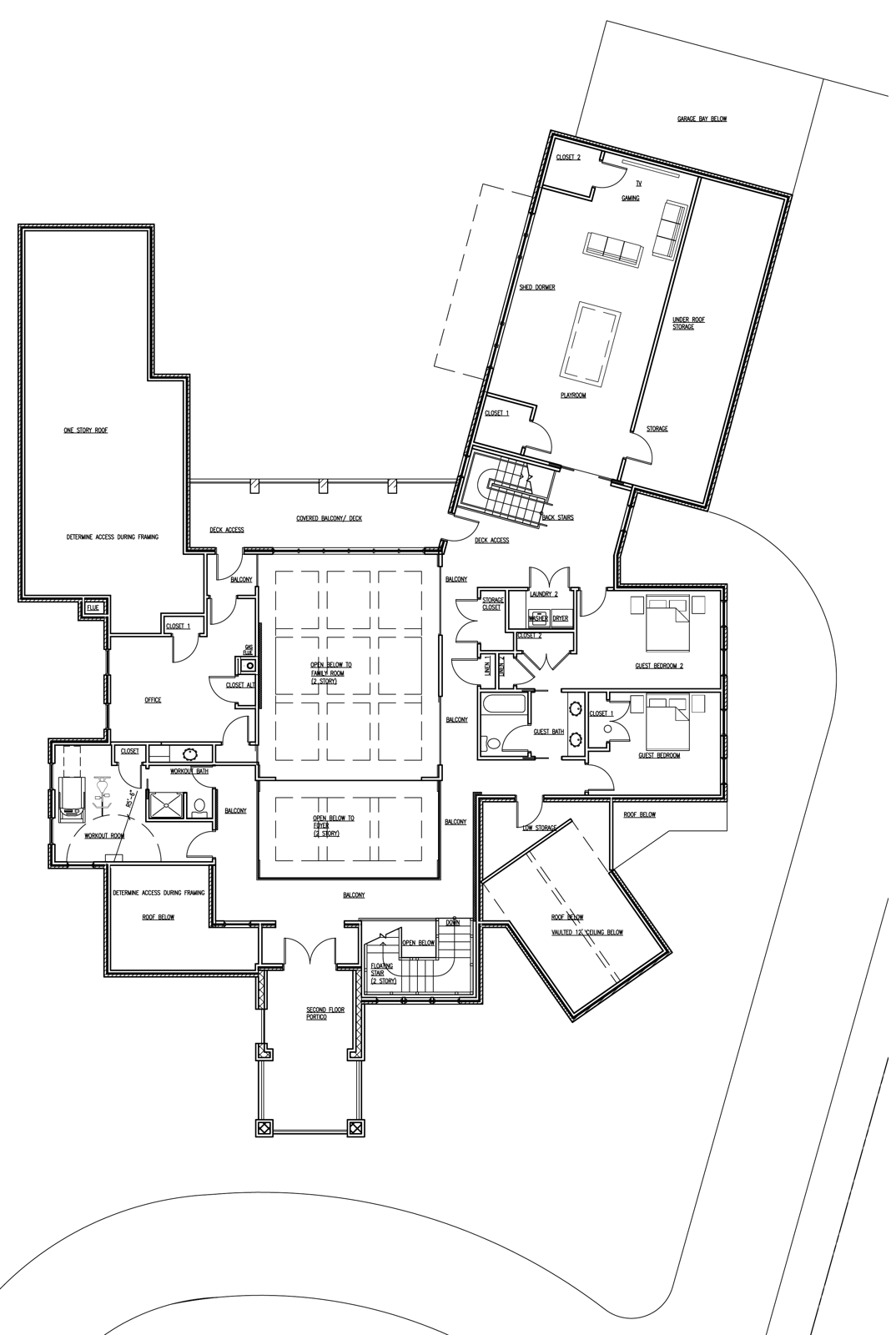 Second floor plan showing two guest bedrooms, office, workout room, playroom and covered balcony